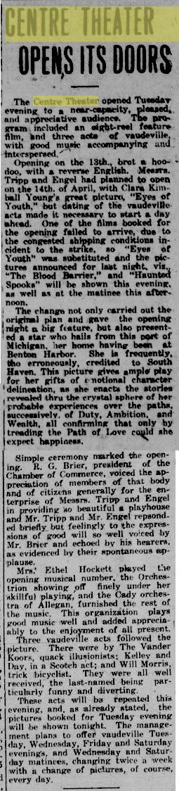 Centre Theater - Apr 14 1920 Article On Opening (newer photo)